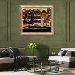 «Крумау, или Городок IV» в интерьере гостиной в оливковых тонах