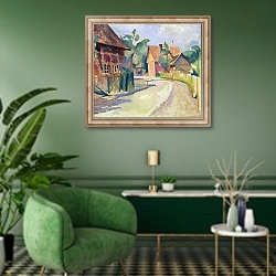 «A Village Street» в интерьере гостиной в зеленых тонах