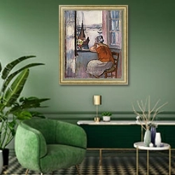 «Young Girl at the Window Opposite the Island of Yeu,» в интерьере гостиной в зеленых тонах