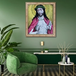 «Христос, коронованный колючками» в интерьере гостиной в зеленых тонах