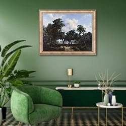 «Лесной пейзаж с домом» в интерьере гостиной в зеленых тонах
