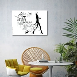 «Эскиз модной девушки с собачкой» в интерьере современной гостиной с желтым креслом