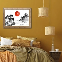«Традиционный японский пейзаж с пагодой» в интерьере спальни  в этническом стиле в желтых тонах