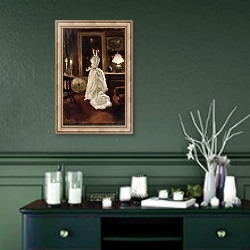 «Interior scene with a lady in a white evening dress» в интерьере прихожей в зеленых тонах над комодом
