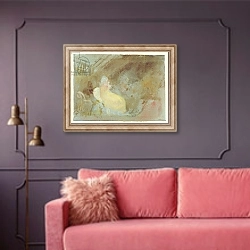 «Interior at Petworth with seated figure, 1830» в интерьере гостиной с розовым диваном