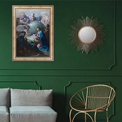 «Рождение с Богом-Отцом и Святым Духом» в интерьере классической гостиной с зеленой стеной над диваном