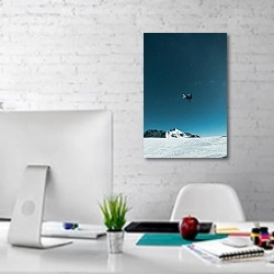 «Лыжник в прыжке на фоне звездного неба» в интерьере светлого офиса с кирпичными стенами