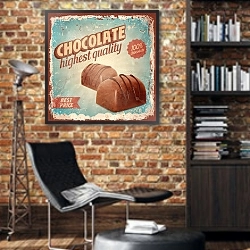 «Ретро плакат с шоколадными кофетами» в интерьере кабинета в стиле лофт с кирпичными стенами