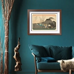 «Masterpieces selected from the Ukiyoyé School, Pl.21» в интерьере зеленой гостиной в этническом стиле над диваном