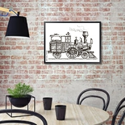 «Иллюстрация с локомотивом» в интерьере кухни в стиле лофт с кирпичной стеной