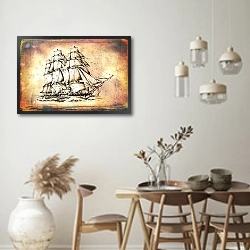 «Античный корабль в море, рисунок ручной работы» в интерьере столовой в стиле ретро