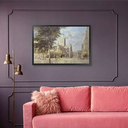 «Bath Abbey, 1990» в интерьере гостиной с розовым диваном