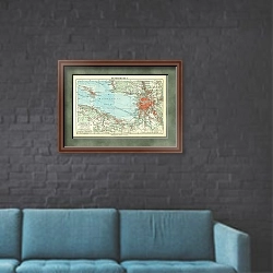 «Карта окрестностей Петербурга» в интерьере в стиле лофт с черной кирпичной стеной