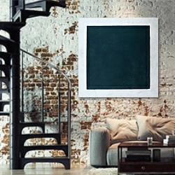 «Черный квадрат» в интерьере двухярусной гостиной в стиле лофт с кирпичной стеной