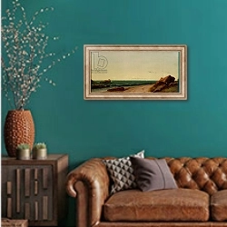 «On the Narragansett Coast, 1864» в интерьере гостиной с зеленой стеной над диваном