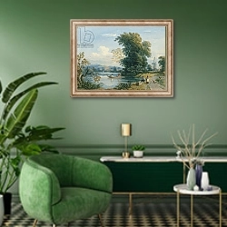 «River Scene» в интерьере гостиной в зеленых тонах