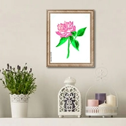 «Розовый цветок с яркими зелеными листьями на белом» в интерьере в стиле прованс с лавандой и свечами