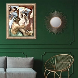 «Фрески из виллы Фарнезина, настенная фреска. Триумф Галатеи. Фрагмент» в интерьере классической гостиной с зеленой стеной над диваном