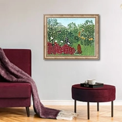 «Tropical Forest with Monkeys, 1910» в интерьере гостиной в бордовых тонах