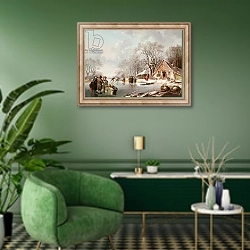 «Winter Scene» в интерьере гостиной в зеленых тонах
