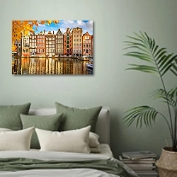 «Голландия, Амстердам. Осенние краски города» в интерьере современной спальни в зеленых тонах