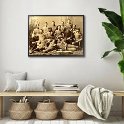 «Group portrait of the Michigan Wolverines football team. 1890» в интерьере комнаты в стиле ретро с плетеными корзинами