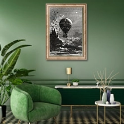 «Frontispiece to 'Five Weeks in a Balloon' by Jules Verne» в интерьере гостиной в зеленых тонах