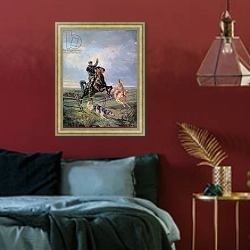 «Huntsman with the Borzois, 1872» в интерьере спальни с акцентной стеной
