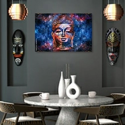 «Голова улыбающего будды на фоне космоса» в интерьере в этническом стиле над столом