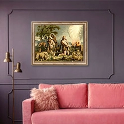 «Sacrifices of Cain and Abel» в интерьере гостиной с розовым диваном