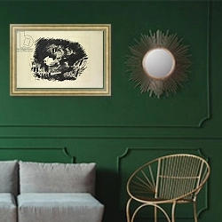 «Le Corbeau, 1875» в интерьере классической гостиной с зеленой стеной над диваном