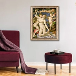 «An Allegory with Venus and Cupid, c.1540-50» в интерьере гостиной в бордовых тонах
