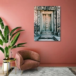 «Древняя каменная дверь» в интерьере современной гостиной в розовых тонах