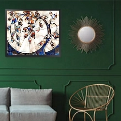 «Иллюстрация с деревом» в интерьере гостиной с зеленой стеной над диваном