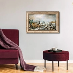 «Зимний пейзаж с фигуристами» в интерьере гостиной в бордовых тонах