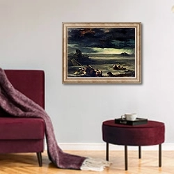 «Scene of the Deluge, 1818-20» в интерьере гостиной в бордовых тонах
