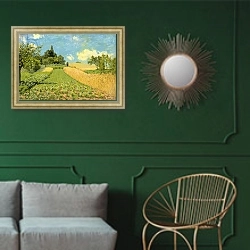«The Cornfield 2» в интерьере классической гостиной с зеленой стеной над диваном