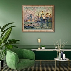 «Venice- The Customs House; Venise- La douane de mer, 1908» в интерьере гостиной в зеленых тонах