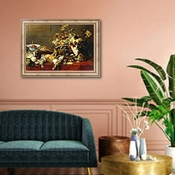 «A Basket of Fruit on a Draped Table with Dead Game and a Monkey,» в интерьере классической гостиной над диваном