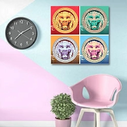 «Набор из четырех разноцветных сокетов со львом» в интерьере комнаты в стиле поп-арт в розово-голубых цветах