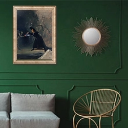 «A Scene from 'The Forcibly Bewitched'» в интерьере классической гостиной с зеленой стеной над диваном