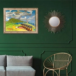 «The way back home, Taitung, 2014, oil on canvas» в интерьере классической гостиной с зеленой стеной над диваном