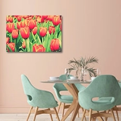 «Красные тюльпаны с винтажным фильтром» в интерьере современной столовой в пастельных тонах