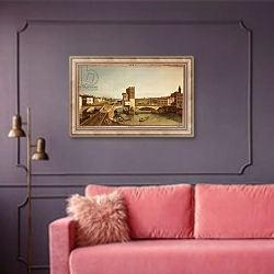 «Ponte Delle Navi, Verona» в интерьере гостиной с розовым диваном