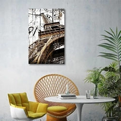 «Франция, Париж. Эйфелева башня в стиле винтаж №3» в интерьере современной гостиной с желтым креслом