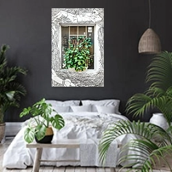 «Зеленое растение и роспись, Женева, Швейцария» в интерьере современной спальни с черными стенами