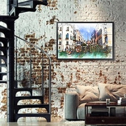 «Венецианская улица-канал» в интерьере двухярусной гостиной в стиле лофт с кирпичной стеной