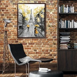 «Пара под зонтиком на улице Парижа в чёрно-желтых тонах» в интерьере кабинета в стиле лофт с кирпичными стенами