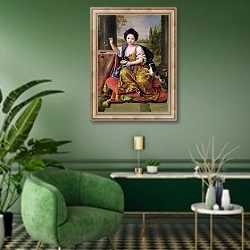 «Marie-Anne de Bourbon Mademoiselle de Blois, Blowing Soap Bubbles» в интерьере гостиной в зеленых тонах