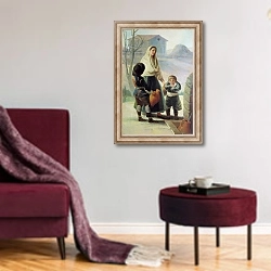 «A Woman and two Children by a Fountain, 1786-7» в интерьере гостиной в бордовых тонах